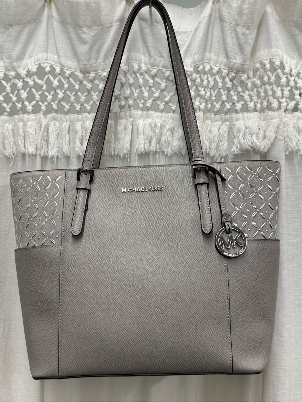 Michael Kors Charlotte Grey Saffiano Leather Studded Floral Cutout Tote Bag
